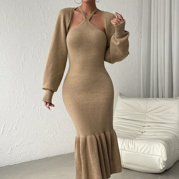 Mocha Brown Casual Womens Ruffle Hem Sweater Dress & Lantern Sleeve Bolero - Picture 3 of 5